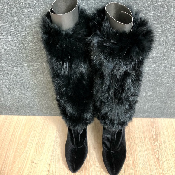 New w/Tags Giuseppe Zanotti Brand New 6 1/2 Black Fur and Velvet Heeled Boots - Picture 12 of 14